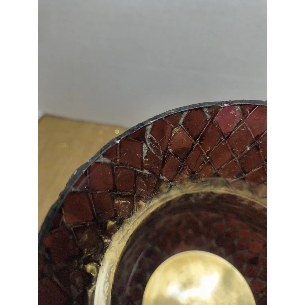 Red Mosaic Stained Glass Hurricane Candle Holder Lamp On Gold Tone Metal Base